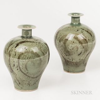 Two Brother Thomas Bezanson (1929-2007) Celadon Vases, Weston, Vermont, mid to late 20th century, glazed porcelain, incised to undersid