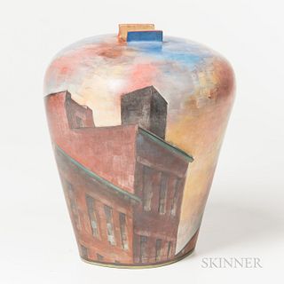 Lidya Buzio (Uruguayan/American, 1948-2014) Rooftops Studio Pottery Vase, New York, 1986, glazed and painted ceramic, signed and dated,