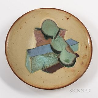 Chris Gustin (American, b. 1952) Studio Pottery Charger, United States, dated 1999, abstract design in green, blue, and rose on a beige