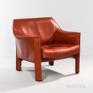 Mario Bellini for Cassina Model CAB 415 Lounge Chair, Italy, c. 2000, welded steel frames, rust-colored saddle leather, impressed "Cass