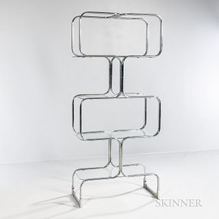 Chrome and Glass Etagere, United States, c. 1975, chromed metal frame with four glass shelves, unmarked, ht. 79 1/2, wd. 35 1/2, dp. 17