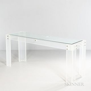 Lucite Console Table, late 20th century, unmarked, with inset glass top, ht. 27, wd. 64 1/2, dp. 21 1/2 in.