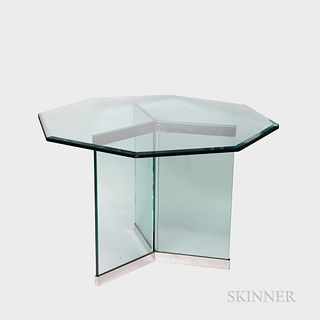 Leon Rosen for Pace Jack Table, United States, c. 1970, thick beveled hexagonal glass top on triangular glass and chrome base, ht. 28 5