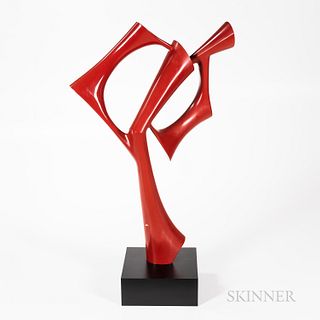 Mitch Slater "Jolie" Wood Sculpture, Wooster, Ohio, late 20th century, built up spruce, red enamel, labeled on underside of base, ht. 3