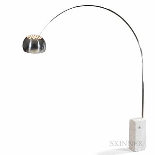 Achille & Pier Giacomo Castiglioni for Flos Arco Floor Lamp, Italy, late 20th century, curved stainless shaft on white marble base, wit