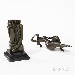 Two Abstract Seated Female Bronze Sculptures, kneeling figure holding a branch, incised signature "Dali," set on stepped marble base, h