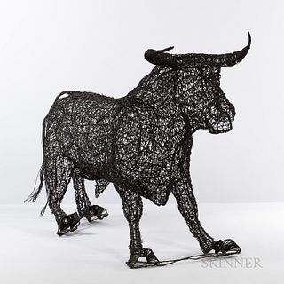 Monumental Brutalist Wire Bull Sculpture, mid to late 20th century, unmarked, ht. 46, wd. 90, dp. 25 in.