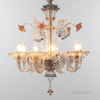 Murano Glass Chandelier, Italy, mid-20th century, central vasiform crystal stem highlighted in rose and blue, four rose-form flowers on