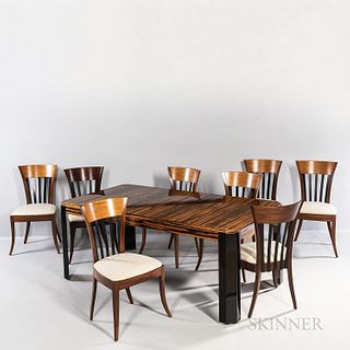 Zebrawood Dining Table with Eight Chairs and a Cabinet, likely Italy, late 20th century, with two leaves, unmarked, ht. 29 3/4, 35 3/4,