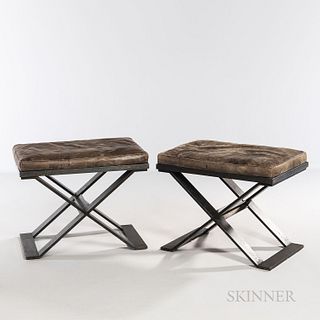 Pair of Louis Boston Stools, early 21st century, leather cushioned seat on heavy steel frames, unmarked, ht. 18, wd. 24, dp. 15 in.Note