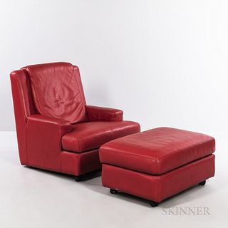 Roche Bobois Red Leather Lounge Chair and Ottoman, Italy, late 20th century, with maker's label, ht. 34, 15, wd. 32, 32, dp. 34, 22 in.