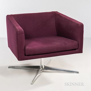 Verzelloni Swivel Chair, Italy, late 20th century, cloth upholstery and aluminum, maker's cloth label, ht. 26 1/2, wd. 31, dp. 27 in.