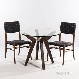 Glass-top Table and Two Chairs, Italy, late 20th century, wood, canvas and metal, ht. 30 3/4, 37, dia. 36, wd. 19, dp. 24 in.