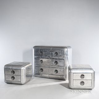 Three Aluminum Chests of Drawers, United States, late 20th century, screwed sheet aluminum and wood, unmarked, ht. 40, 22, wd. 46, 26,