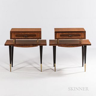 Two French Moderne Side Tables, mid-20th century, teak, rosewood and brass, elevated drawered cabinet raised on brass posts with eboniz