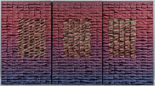 Joan Sterrenburg (b. 1941) Game Plan Triptych Textile, Bloomington, Indiana, 1988, abaca, pigments, and mylar, ht. 45 1/2, wd. 83, dp.