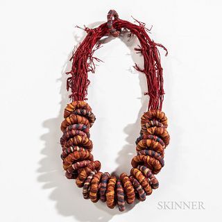 Douglas Eric Fuchs (1947-1986) Fiber Art Necklace, c. 1985, raffia, dyes, wrapped and knotted, ht. 18, wd. 18, dp. 2 1/2 in.
