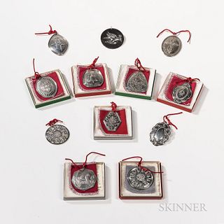 Set of Towle Sterling Silver "Twelve Days of Christmas" Ornaments, 1971-1982, various shapes with decorations based on the song, maker'