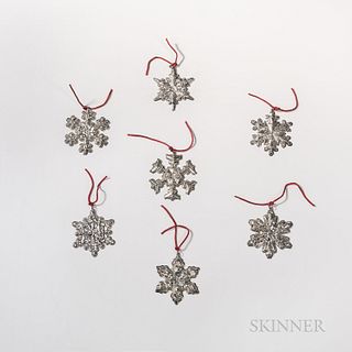 Seven Gorham Sterling Silver Snowflake Christmas Ornaments, Birmingham, England, 1971-77, seven different designs, all with maker's mar