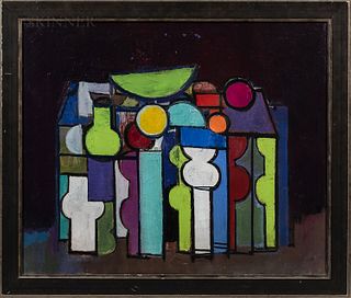 Attributed to Henry Kallem (American, 1912-1985) Abstract Still Life. Unsigned. Oil on canvas, 30 x 36 in., framed. Condition: Craquelu