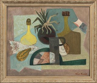 Kalah Novack (American, 20th Century) Cubist Still Life. Signed "Kalah Novack" l.r. Oil on canvasboard, 20 x 24 in., framed. Condition: