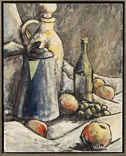 American School, 20th Century Still Life with Bottles and Fruit. Signed "Weber" l.r. Oil and sand on canvasboard, 20 x 16 in., framed.