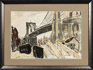Theophile Schneider (German/American, 1872-1960) Under the Brooklyn Bridge. Signed "Theo. Schneider" l.l. Watercolor and ink on paper,