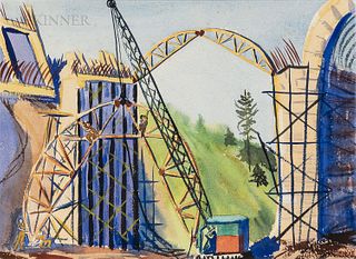 Attributed to Charles Thorndike (American, 1875-1935) Bridge Construction. Signed indistinctly "...THORNDIKE" l.r. Watercolor on paper,