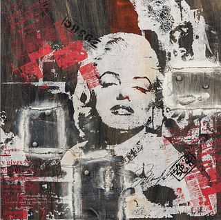 American School, 20th/21st Century Marilyn Monroe Collage. Signed indistinctly l.r. Mixed media including stencil, paint, thread, denim