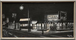 David Lowy (American, 20th Century) Night Scene. Signed and dated "Lowy/77" l.r., titled on a handwritten label affixed to the stretche