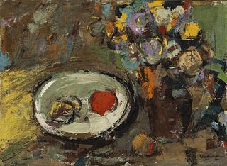 American/European School, 20th Century Still Life with Bowl and Vase of Flowers. Signed indistinctly and dated ".../66" l.r. Oil on can