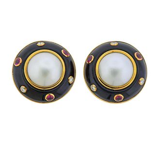Trianon Pearl Onyx Diamond Ruby Gold Earrings