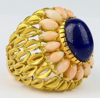 LARGE 14KT Y GOLD CORAL & LAPIS  COCKTAIL RING