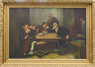 G. FISHER JUDAIC OIL PAINTING ON CANVAS OF RABBIS