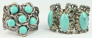 PAIR OF HEAVY SILVER AND TURQUOISE BRACELETS