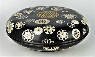 FNE JAPANESE MOP INLAY BLACK LACQUER ROUND BOX