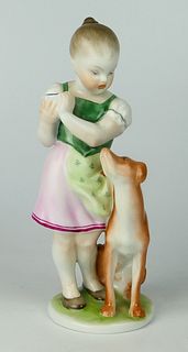 HEREND PORCELAIN GIRL WITH HER DOG