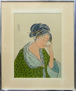 JAPANESE WOOD BLOCK OF A GEISHA WITH TOOTH PICK