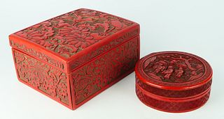 2 CHINESE CINNABAR LACQUERED COVERED BOXES