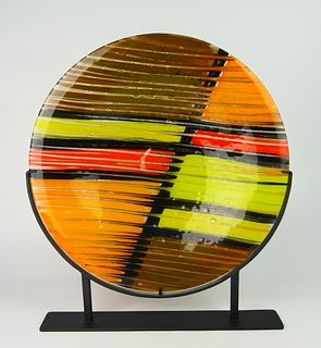 LARGE MULTI COLORED ART GLASS CHARGER IN IRON BASE