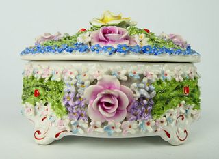 HUNGARIAN PORCELAIN COVERED BOX RAISED FLOWERS