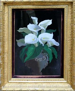ANTIQUE OIL PAINTING ON MIRROR OF CALLA LILIES
