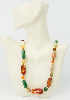 CHINESE HARDSTONE & 14KT Y GOLD NECKLACE