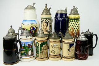GROUPING OF (12) VINTAGE GLASS & PORCELAIN STEINS