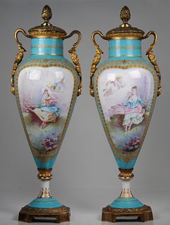 (2) Antique French Porcelain Twin Handled Urns