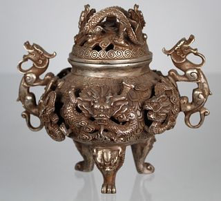 Chinese Silvered-Bronze Dragon Form Censer, Signed
