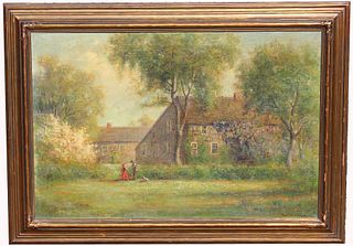 Exhibited 19th C. Painting of Figures Near a House
