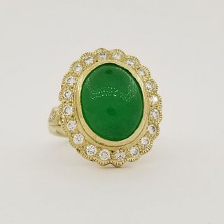 14K Gold Cabochon Emerald & Diamond Ring