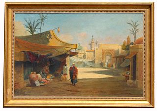 Signed, Antique Orientalist Market Scene Painting