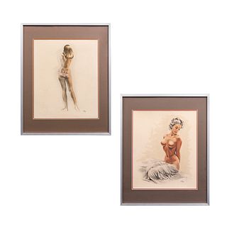 Lote de 2 obras. Aslay. Desnudos femeninos. Firmados. Técnica mixta. Enmarcados. 35 x 29 cm c/u